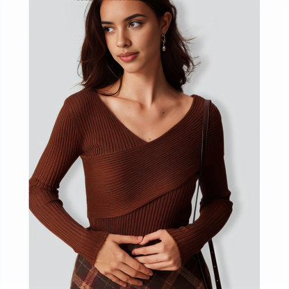 The Coffee V Neck Criss-Cross Wrap Knit Top