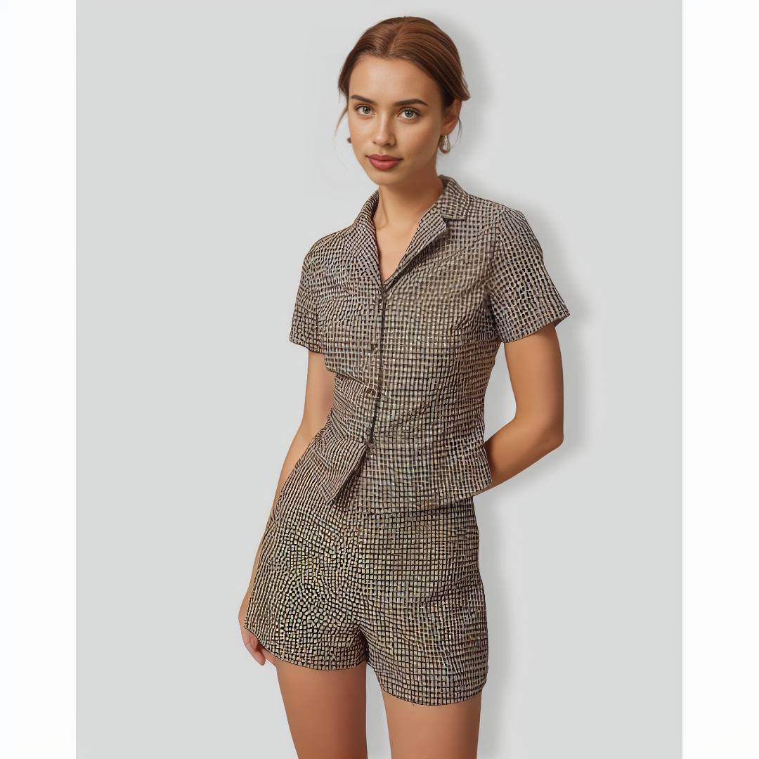 The Brown Lapel Plaid Short Sleeve Blouse