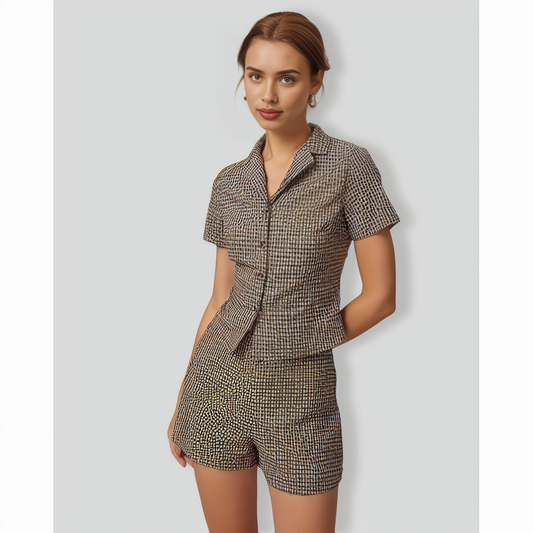 The Brown Lapel Plaid Short Sleeve Blouse