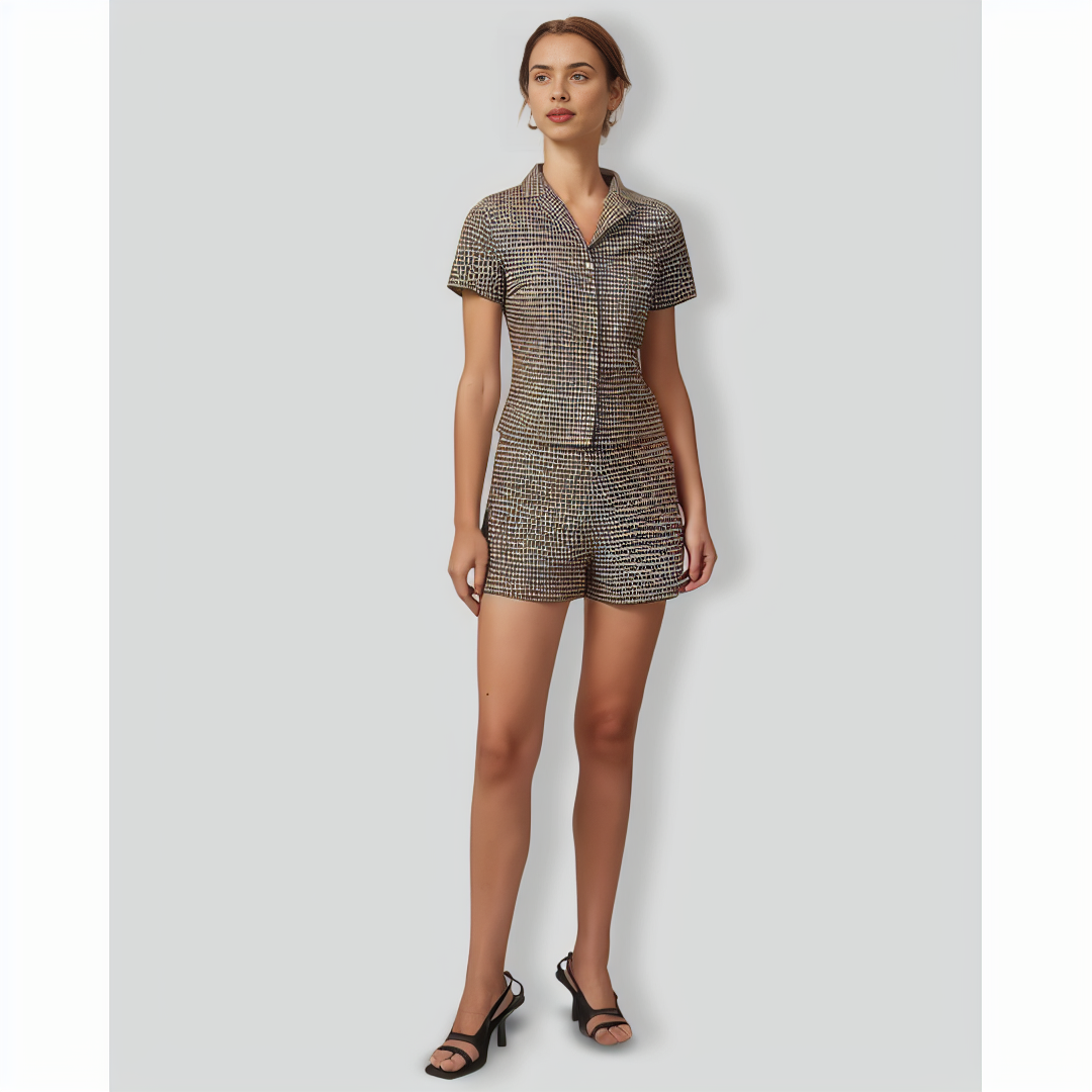 The Brown Lapel Plaid Short Sleeve Blouse