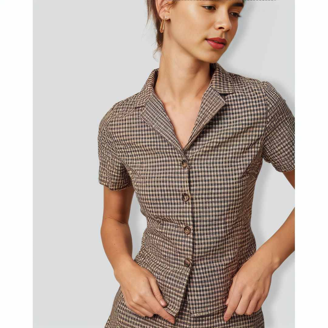 The Brown Lapel Plaid Short Sleeve Blouse