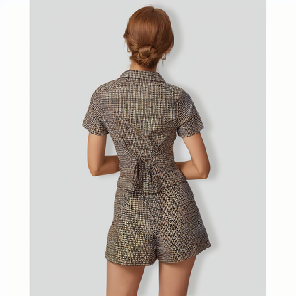 The Brown Lapel Plaid Short Sleeve Blouse