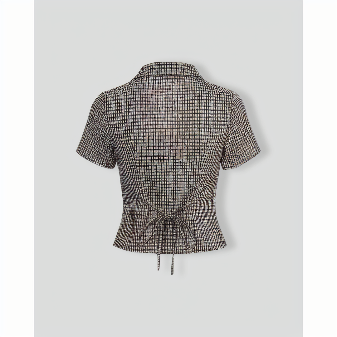 The Brown Lapel Plaid Short Sleeve Blouse