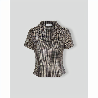 The Brown Lapel Plaid Short Sleeve Blouse