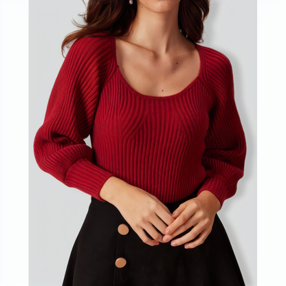 The Red Scoop Neck Lantern Sleeve Sweater