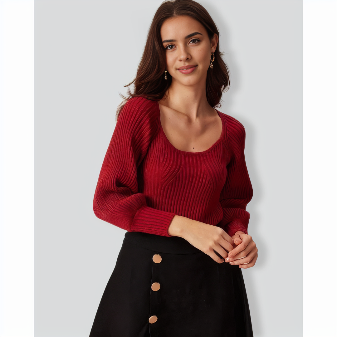 The Red Scoop Neck Lantern Sleeve Sweater