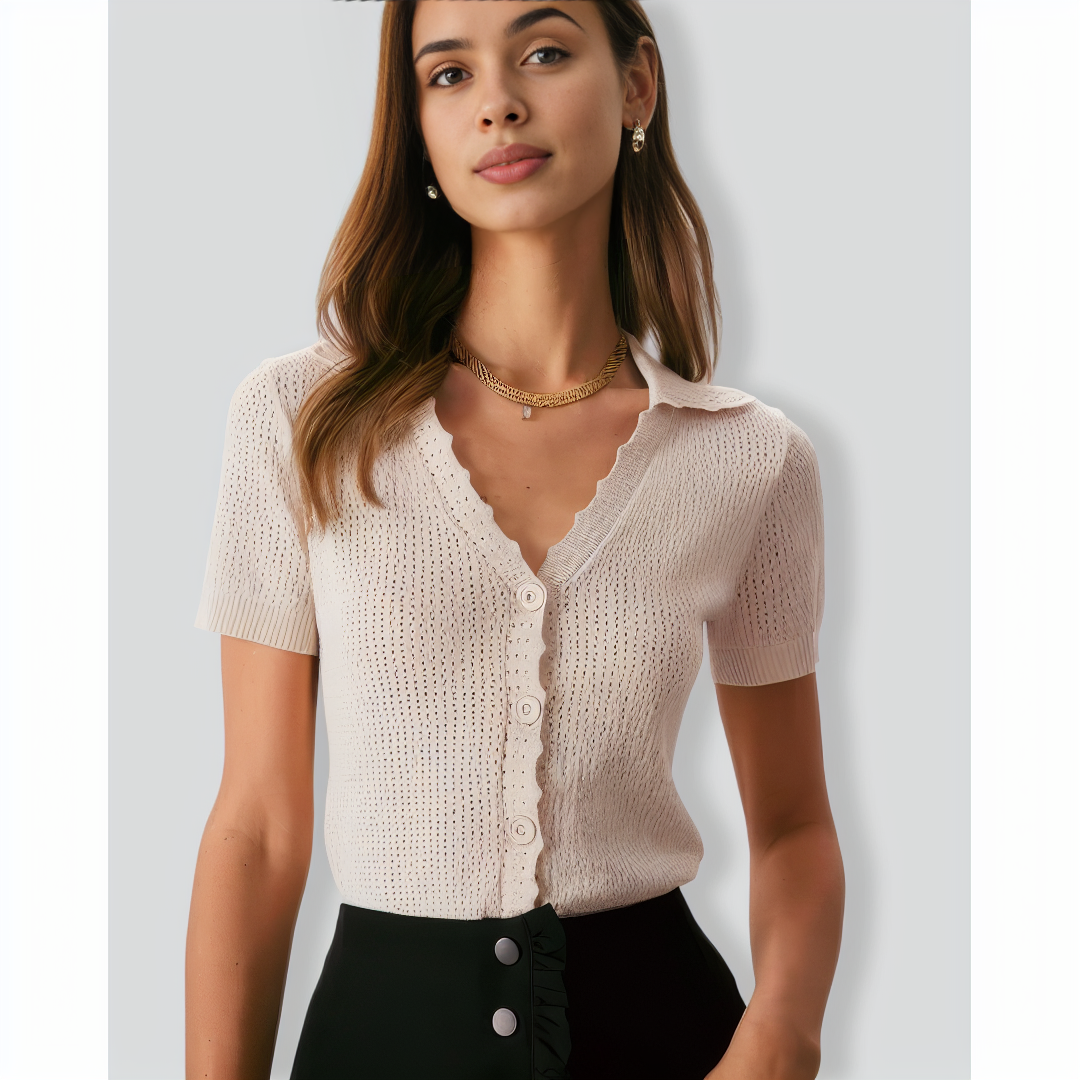 The Nude V Neck Button Pointelle Knit Tee