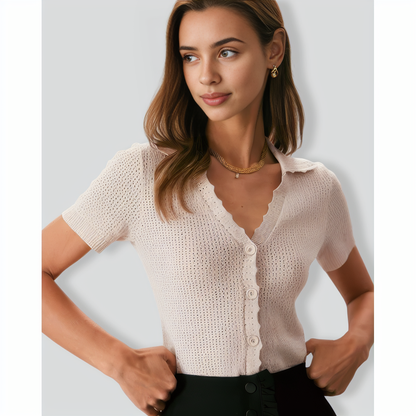 The Nude V Neck Button Pointelle Knit Tee