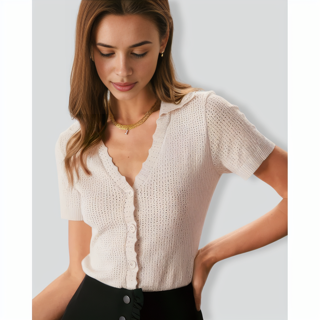 The Nude V Neck Button Pointelle Knit Tee