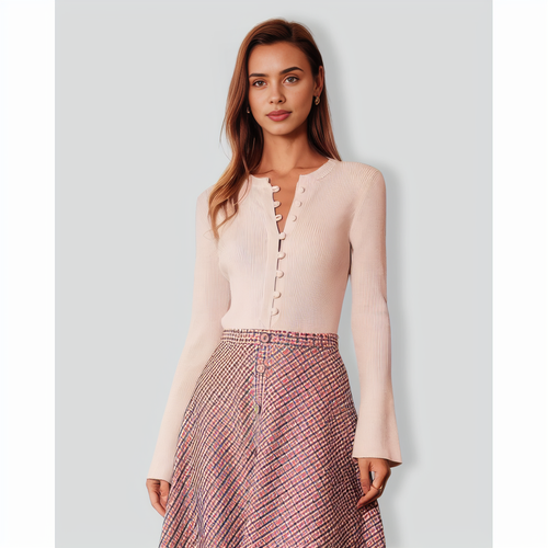 The Apricot Round Neck Button Up Knit Top