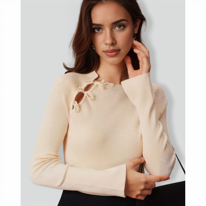 BC1400 The Beige Ribbed Cut Out Bowknot Knit Top