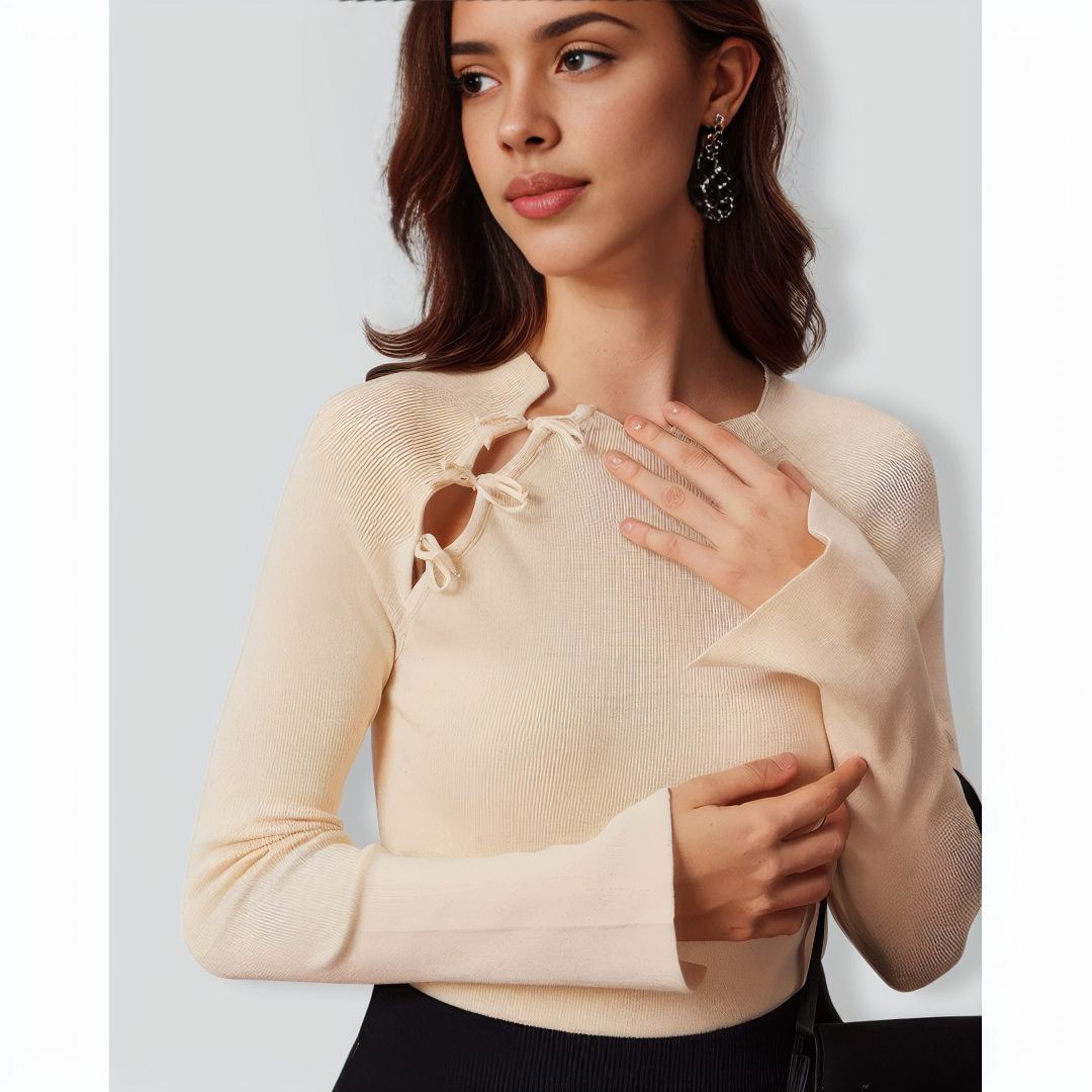 BC1400 The Beige Ribbed Cut Out Bowknot Knit Top