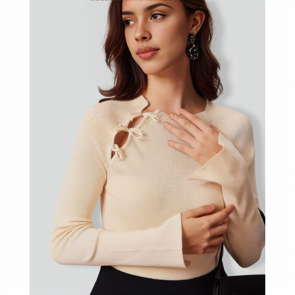 BC1400 The Beige Ribbed Cut Out Bowknot Knit Top