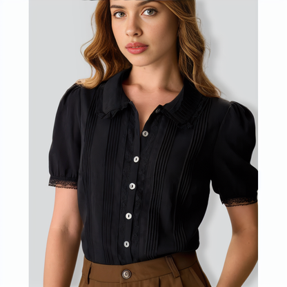 Women's Black Chelsea Collar Lace Trim Cotton Blouse