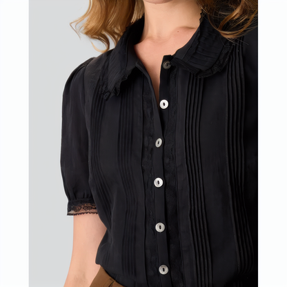 Women's Black Chelsea Collar Lace Trim Cotton Blouse