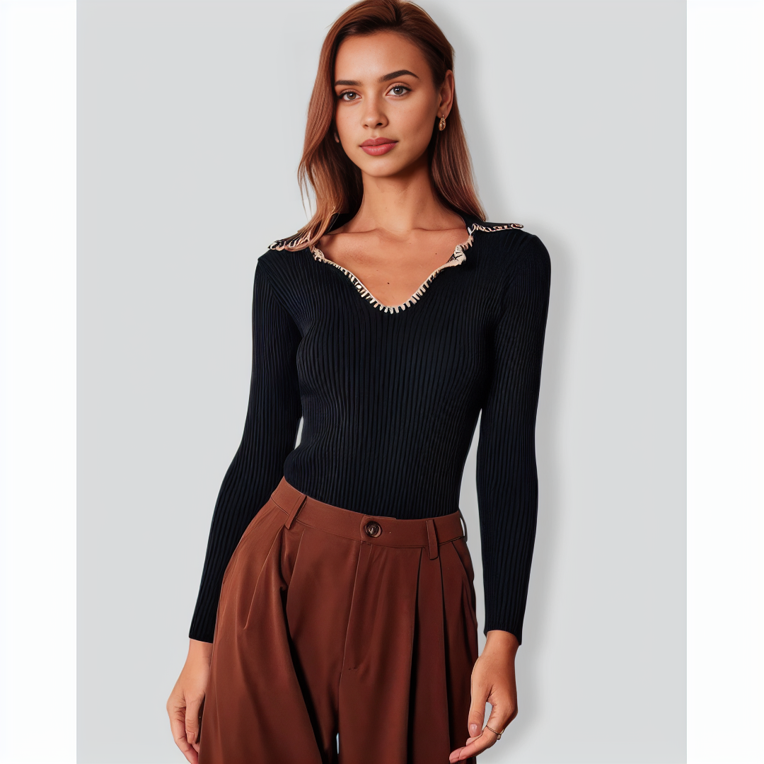 The Black Lapel Seam Colorblock Knit Top