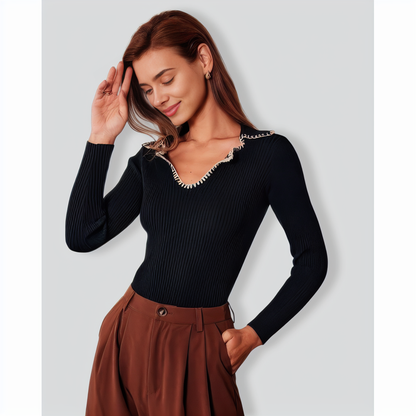 The Black Lapel Seam Colorblock Knit Top