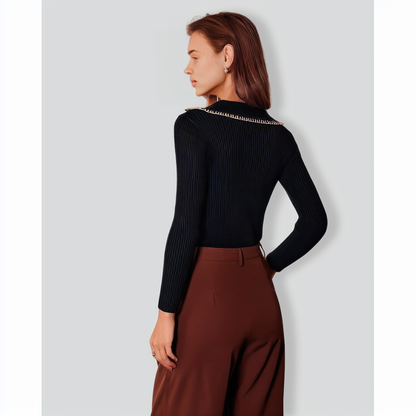 The Black Lapel Seam Colorblock Knit Top