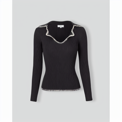 The Black Lapel Seam Colorblock Knit Top
