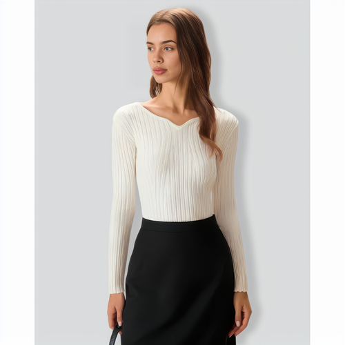 The White V Neck Teardrop Ribbed Knit Top