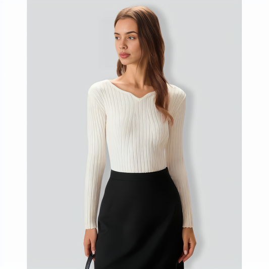 The White V Neck Teardrop Ribbed Knit Top