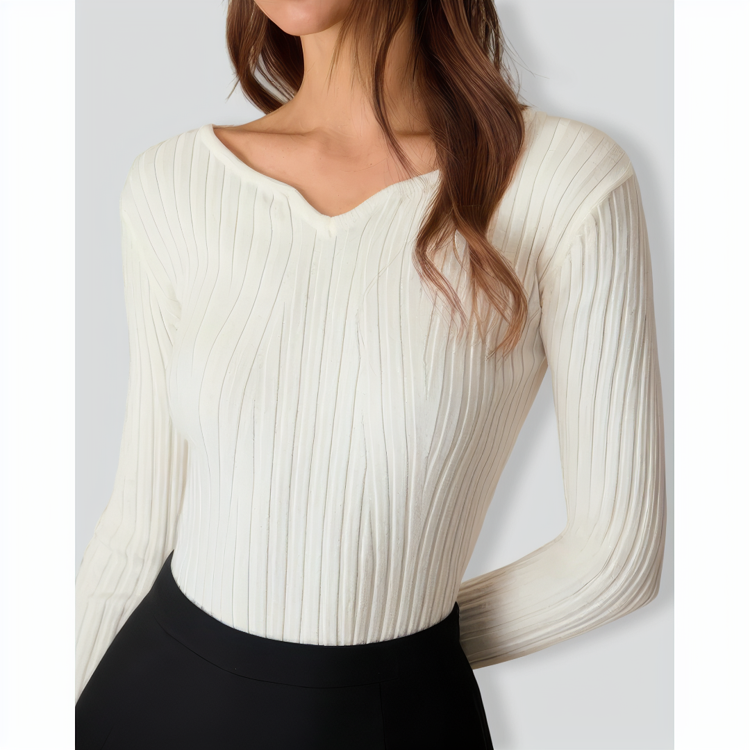 The White V Neck Teardrop Ribbed Knit Top