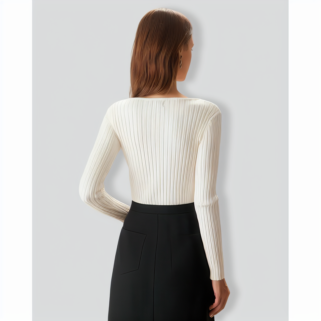 The White V Neck Teardrop Ribbed Knit Top