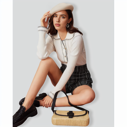 The White Seam Colorblock Button Cardigan