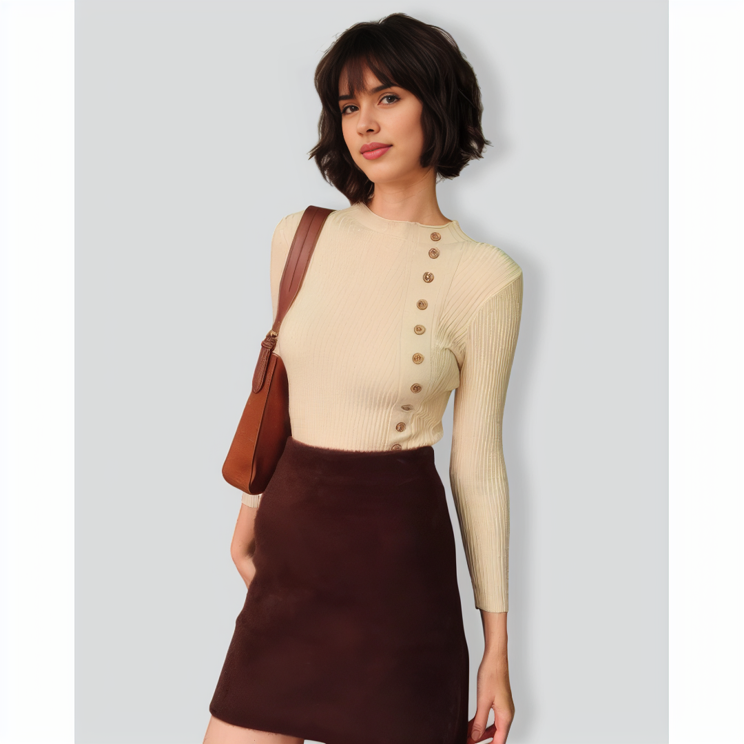 The Beige Mock Neck Ribbed Knit Top