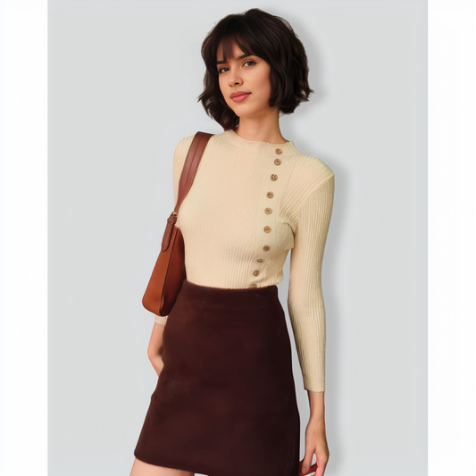 The Beige Mock Neck Ribbed Knit Top