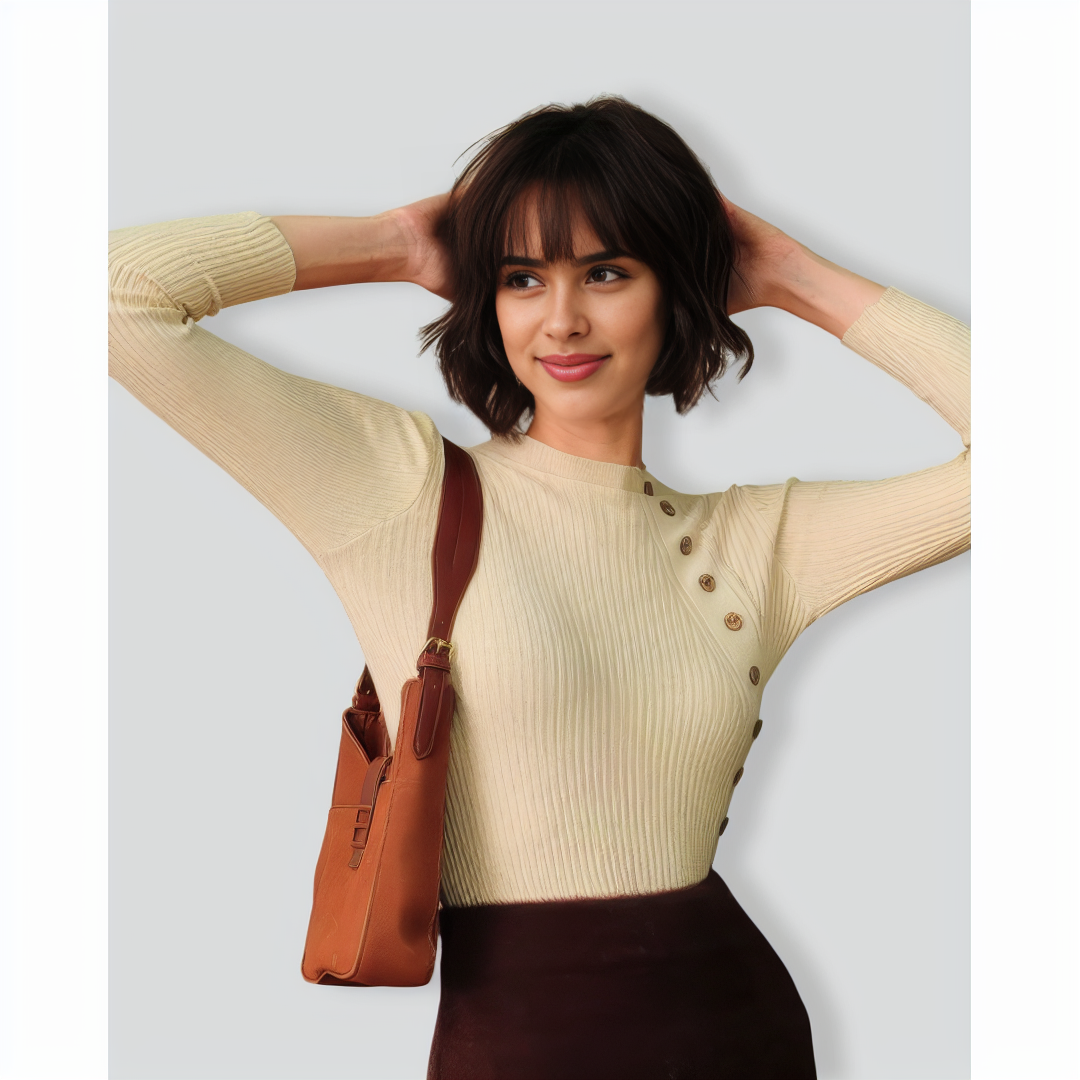 The Beige Mock Neck Ribbed Knit Top