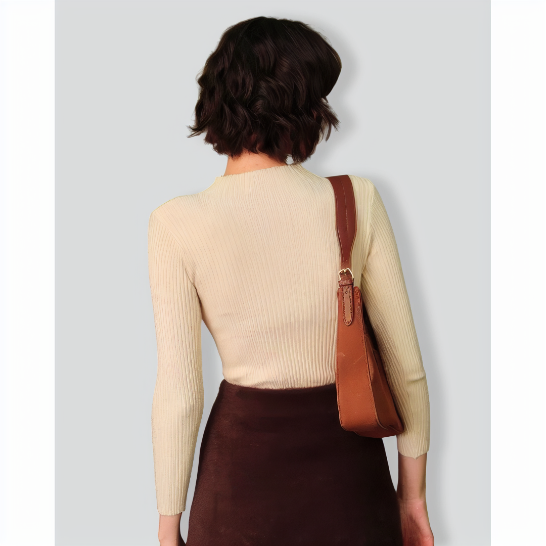 The Beige Mock Neck Ribbed Knit Top