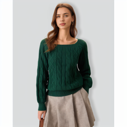 Green Romance Cable Knit Crew Sweater