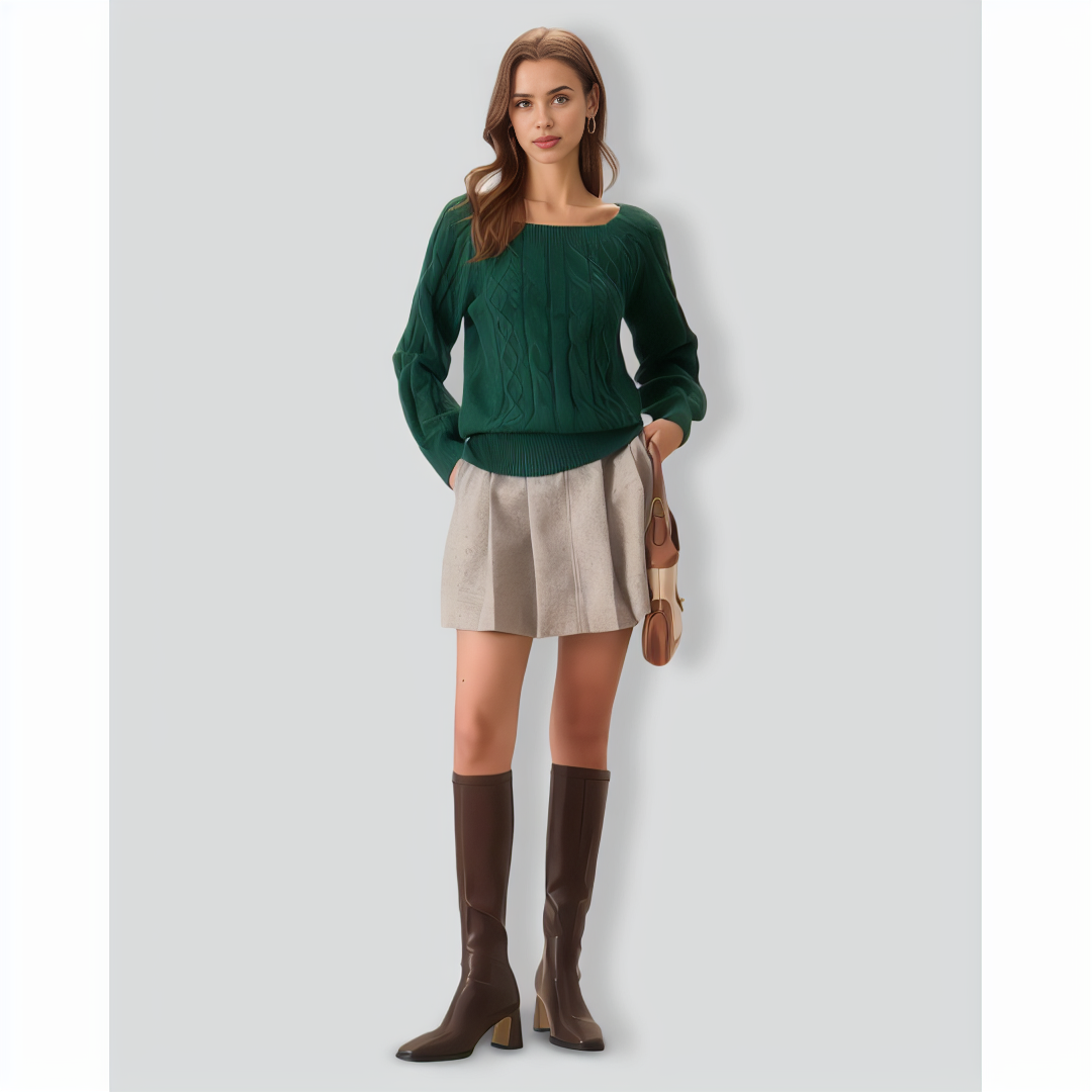 Green Romance Cable Knit Crew Sweater