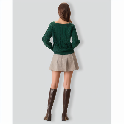 Green Romance Cable Knit Crew Sweater