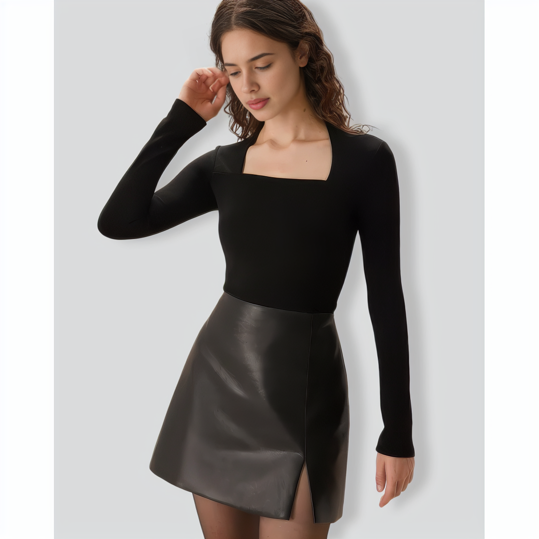 Black Square Neck Slim Knit Tee