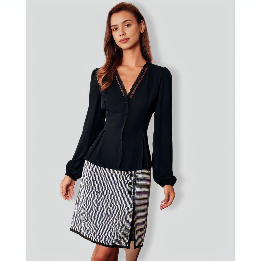 The Black V Neck Lace Trim Button Blouse