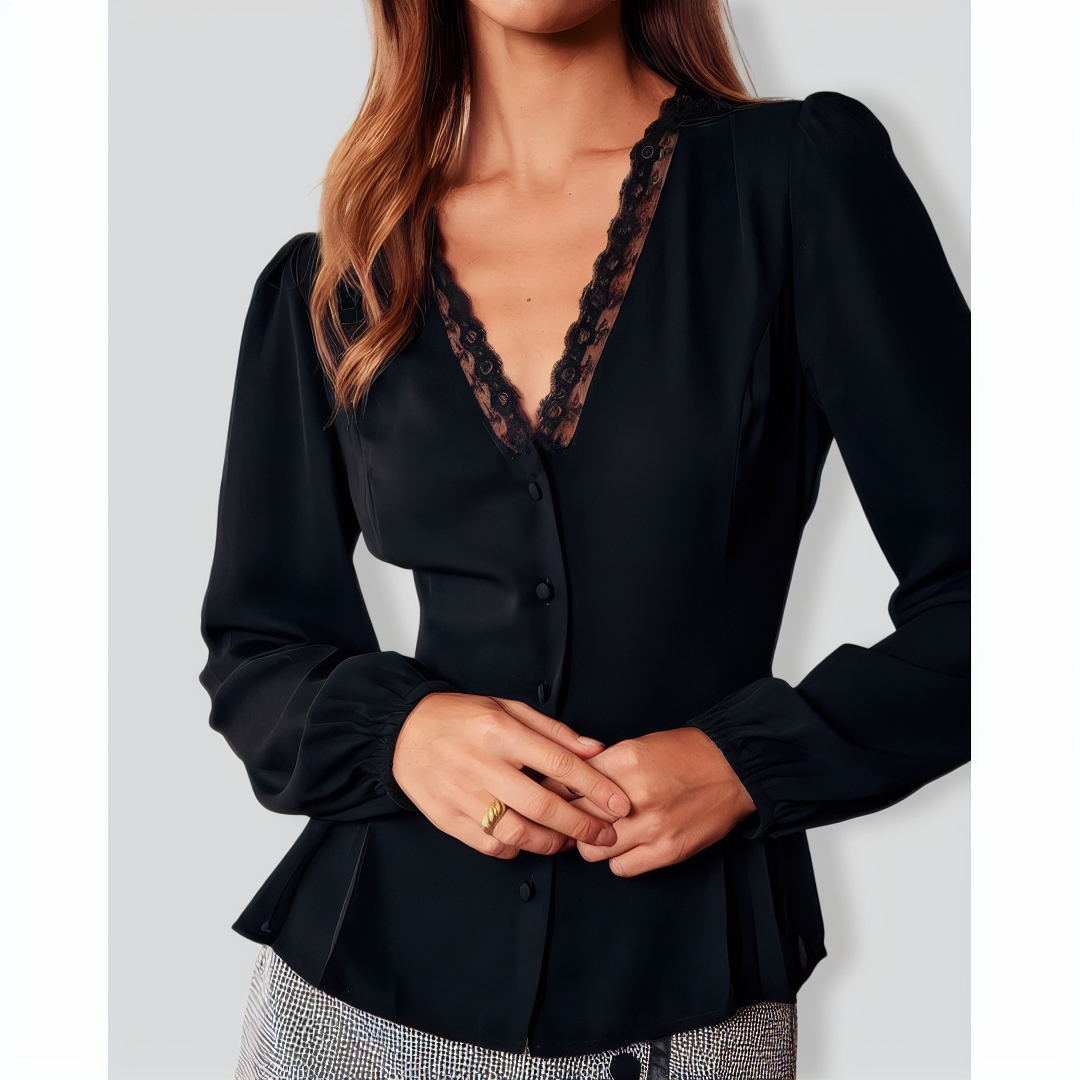 The Black V Neck Lace Trim Button Blouse