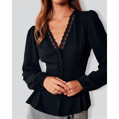 The Black V Neck Lace Trim Button Blouse