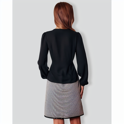 The Black V Neck Lace Trim Button Blouse