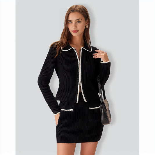 Black Contrasting Slim Zipper Cardigan