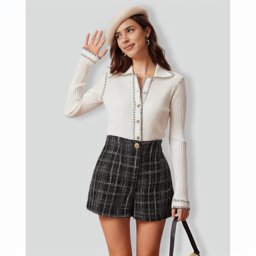 The White Seam Colorblock Button Cardigan