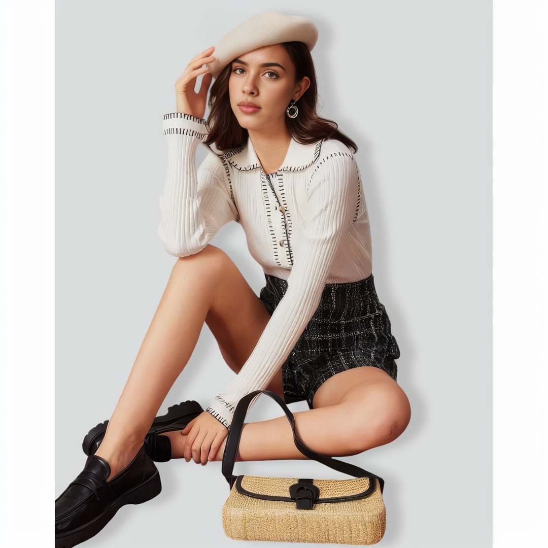 The White Seam Colorblock Button Cardigan