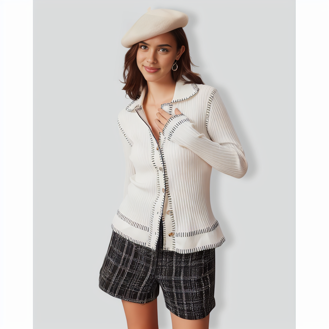 The White Seam Colorblock Button Cardigan