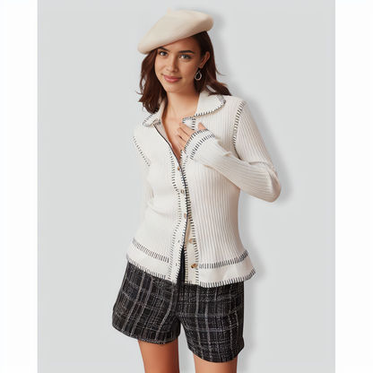 The White Seam Colorblock Button Cardigan