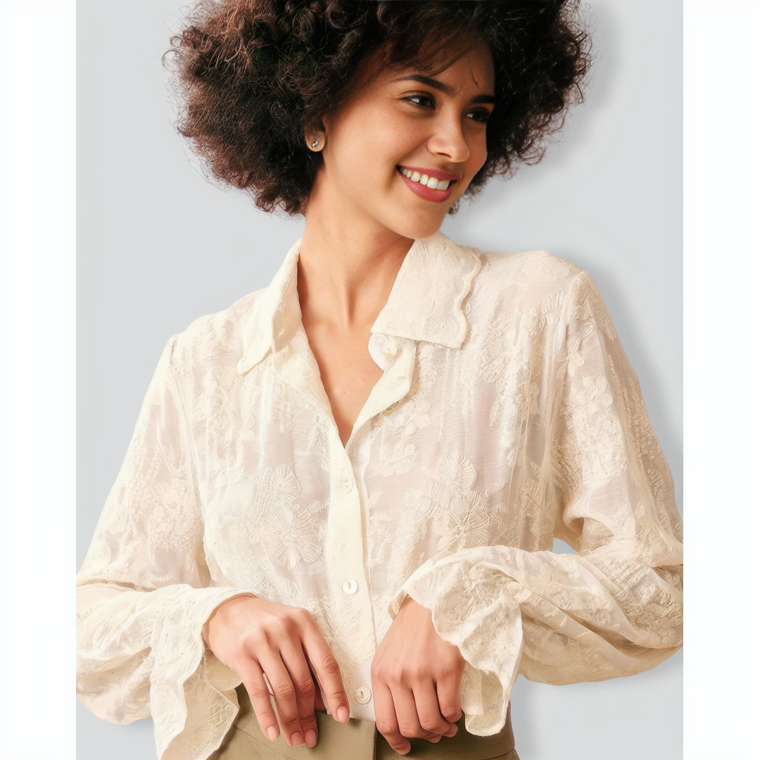 The Beige Lapel Embroidery Long Sleeve Blouse
