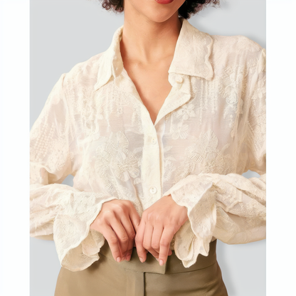 The Beige Lapel Embroidery Long Sleeve Blouse