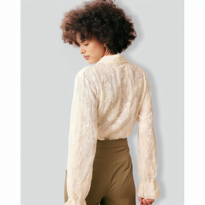 The Beige Lapel Embroidery Long Sleeve Blouse
