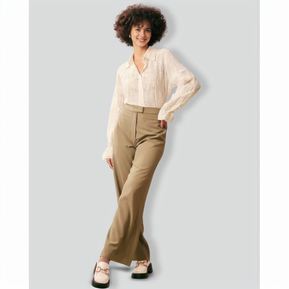 The Beige Lapel Embroidery Long Sleeve Blouse