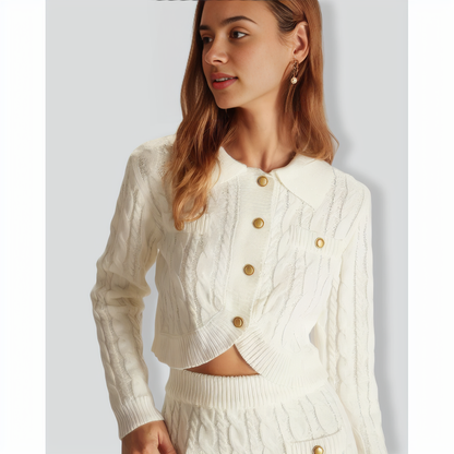 The White Lapel Ribbed Button Cable Cardigan